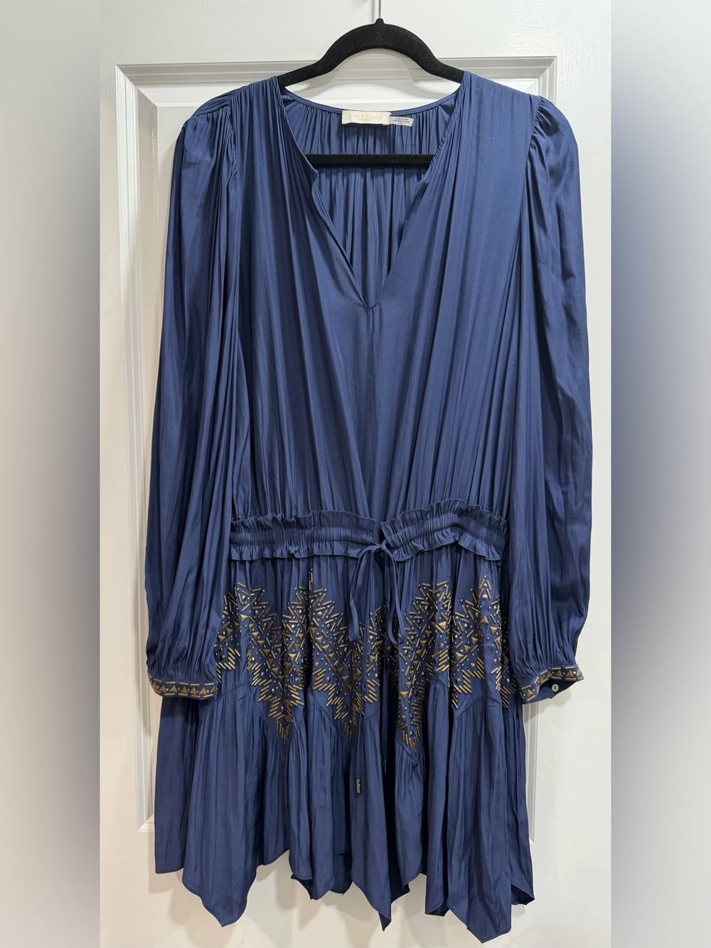 Navy Long-Sleeve Embroidered Drawstring Waist Dress